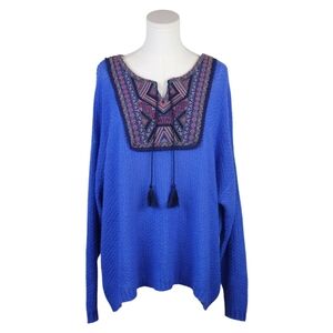 Vintage America Blue Embroidered Knit Sweater XL Boho Tassel Tie Plus Size Top